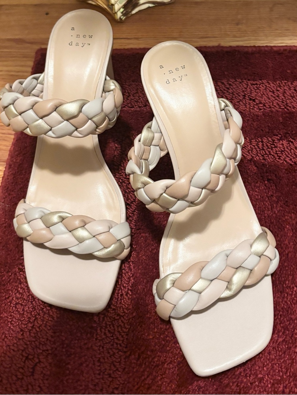a new day Braided Double-Strap Heeled Sandals in Cream, Beige & Gold